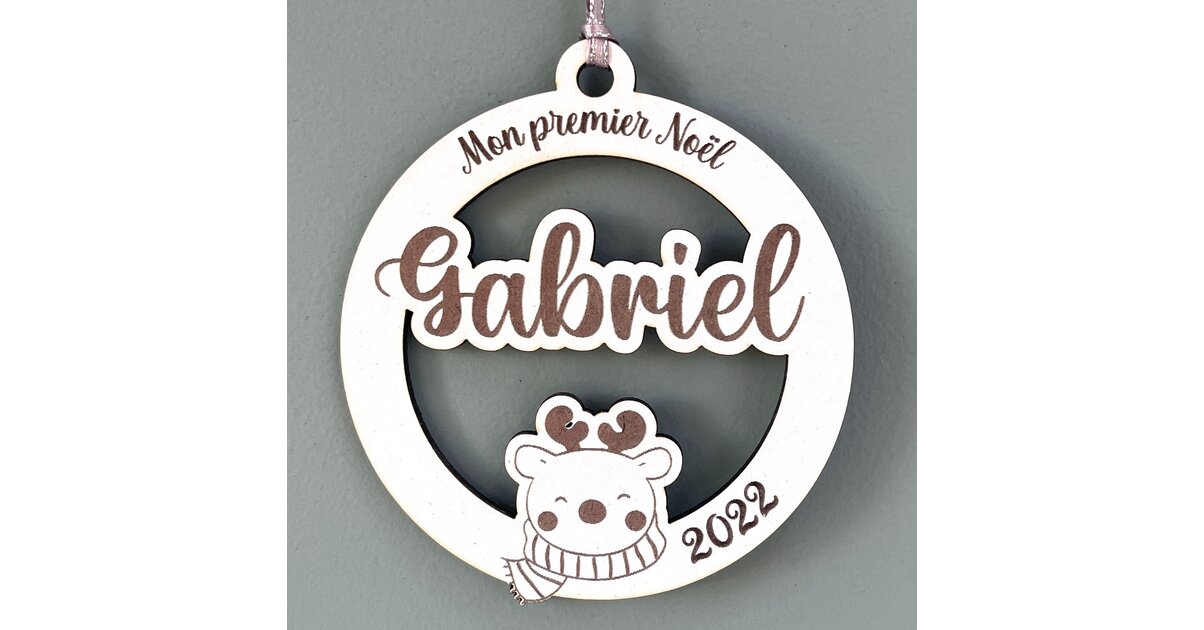 Boule de noël personnalisée en bois motif cerf, mon premier noël